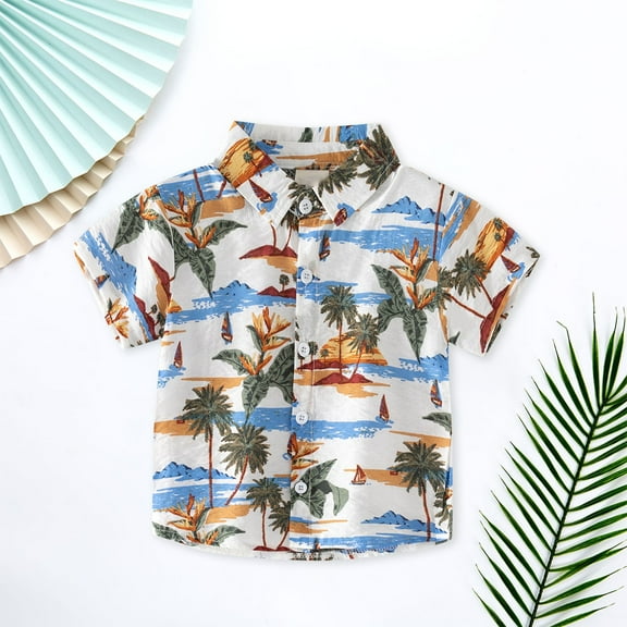 TOOYOU Boys Shirt Button Down Hawaii Shirts Short Sleeve Tropical Shirt Tops For Kids Toddlers Size 5-6 Years White
