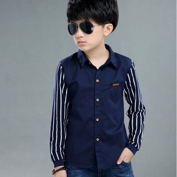 TOOYOU Boys Shirt Kids Gentleman Tops Teen Clothes Baby Shirt Long Sleeve Stripe Tops Size 5-7 Years Navy