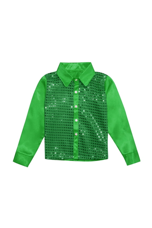 Boys Shirt Kids Sparkly Sequins Dance Top Long Sleeve Button Down Shirt For Jazz Dance Performance Size 5-6 Years Green