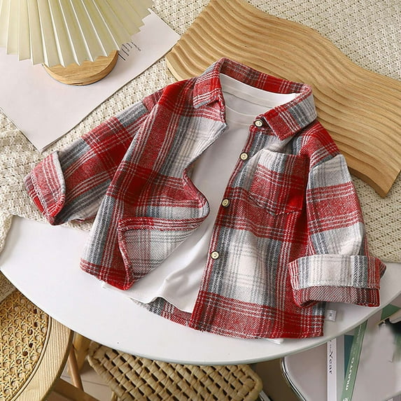 TOOYOU Boys Shirt Long Sleeve Flannel Plaid Shirt Button Down Shirts Size 2-3 Years Red