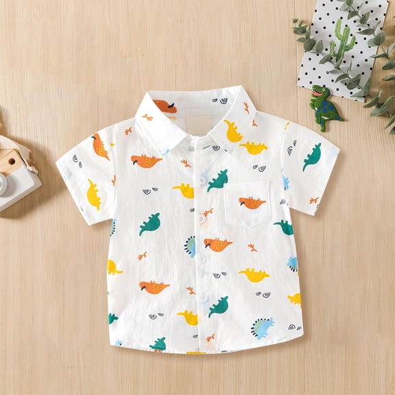 TOOYOU Boys Shirt Short Sleeve Button Down Shirt Cartoon Dinosaur Pattern With Pockets Size 4-5 Years White