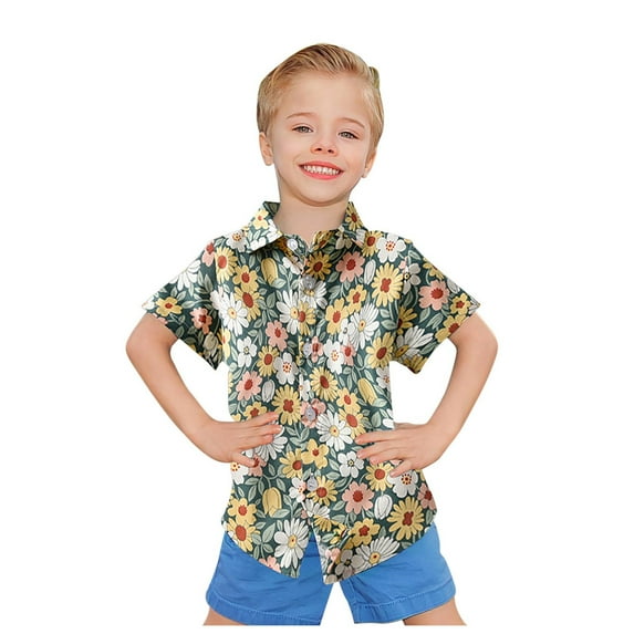 TOOYOU Boys Shirt Toddler Kids Hawaiiss Clothes Short Sleeve Floral Button Down T Shirt Beach Shirt Tops Size 4-5 Years Yellow