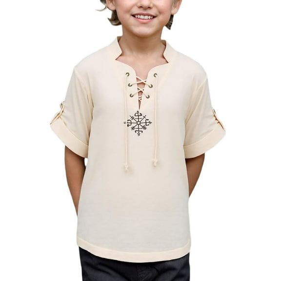 TOOYOU Boys Shirt Toddler Kids Solid Lace Up Vintage Short Sleeve Tee Tops Clothes Size 6-8 Years White