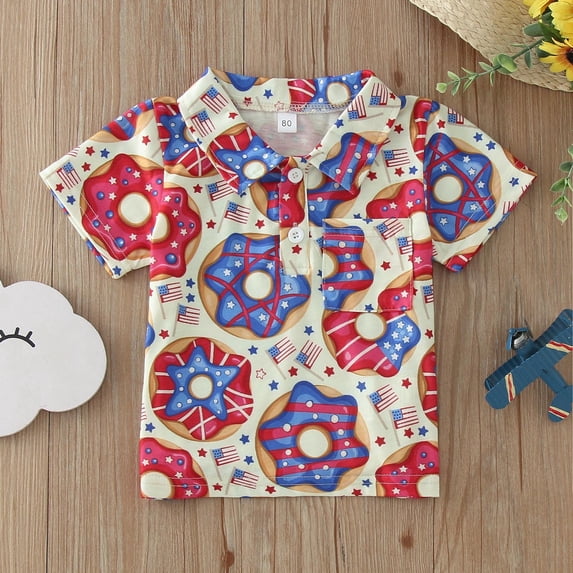 TOOYOU Boys Shirt Toddler Shirt Cartoon Independence Day Cow Donut Print Short Sleeve Shirt Tops Outwear Size 12-18 Months Red