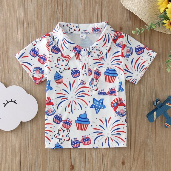 TOOYOU Boys Shirt Toddler Shirt Cartoon Independence Day Cow Donut Print Short Sleeve Shirt Tops Outwear Size 6-12 Months Blue