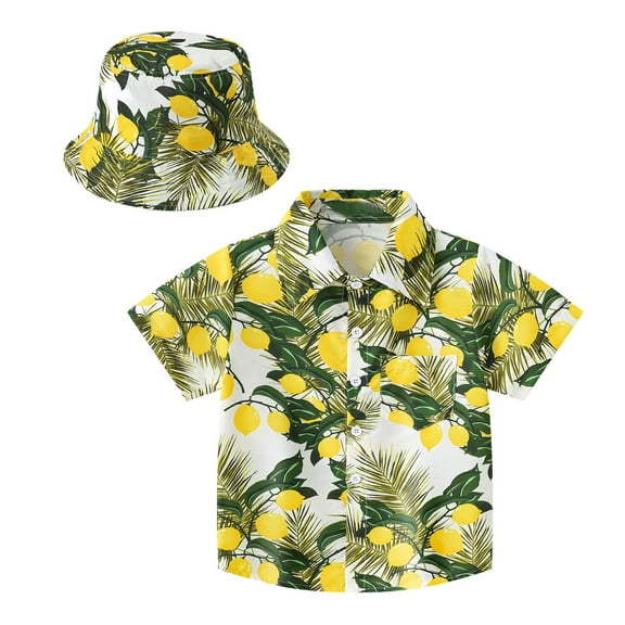 TOOYOU Boys Shirt Toddler Short Sleeve Casual Cartoon Prints Gentleman Tops Hawaii Beach Holiday Floral Shirts T Shirt Hat Set Size 2-3 Years Yellow