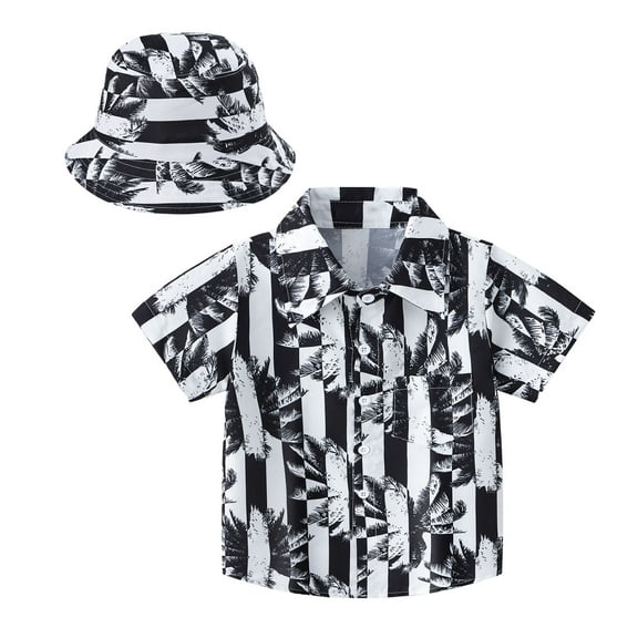 TOOYOU Boys Shirt Toddler Short Sleeve Casual Cartoon Prints Gentleman Tops Hawaii Beach Holiday Floral Shirts T Shirt Hat Set Size 5-6 Years Black