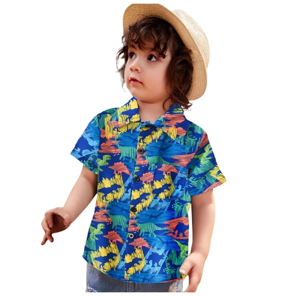 TOOYOU Boys Shirt Toddler Short Sleeve Casual Cartoon Prints Gentleman Tops Hawaii Beach Holiday Floral Shirts T Shirt Size 4-5 Years Blue
