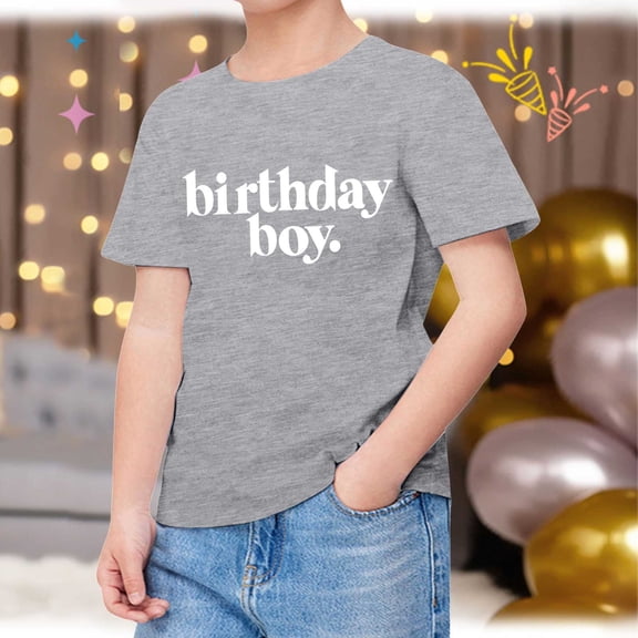 TOOYOU Boys Summer T-Shirt Child Short Sleeve Happy Brithday Prints T Shirt Trendy Fans Present Tops Size 12-13 Years Grey