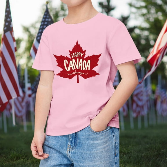 TOOYOU Boys Summer T-Shirt Children'S Short Sleeve Tee Canada International Day Maple Leaf Letter Print Comfortable Loose Tops Size 11-12 Years Pink