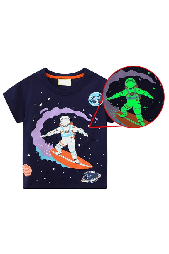 Boys Summer T-Shirt Glow In The Dark Noctilucent Space Man Print T Shirt Short Sleeve Casual Top For Outdoor Activities Size 3-4 Years Dark Blue