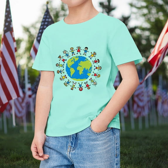 TOOYOU Boys Summer T-Shirt Kids Comfortable Breathable Short Sleeve Tops Children Earth Cartoon Printed Children'S Day Clothing Size 10-11 Years Mint Green