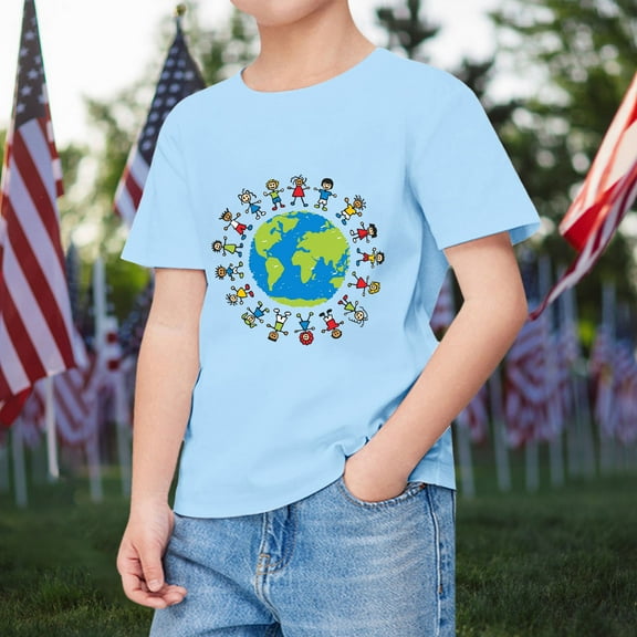 TOOYOU Boys Summer T-Shirt Kids Comfortable Breathable Short Sleeve Tops Children Earth Cartoon Printed Children'S Day Clothing Size 10-11 Years Sky Blue