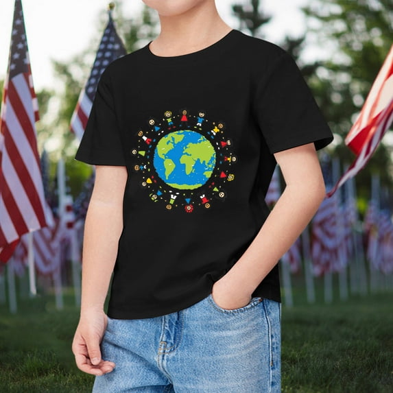TOOYOU Boys Summer T-Shirt Kids Comfortable Breathable Short Sleeve Tops Children Earth Cartoon Printed Children'S Day Clothing Size 2-3 Years Black