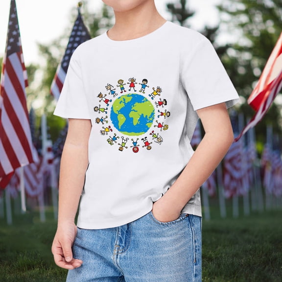 TOOYOU Boys Summer T-Shirt Kids Comfortable Breathable Short Sleeve Tops Children Earth Cartoon Printed Children'S Day Clothing Size 2-3 Years White