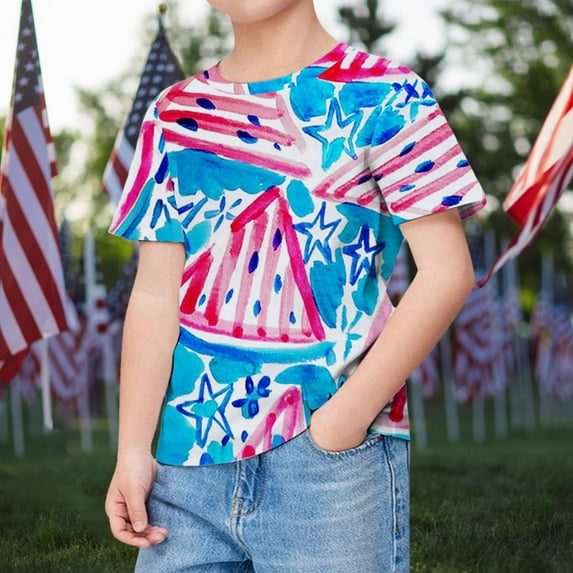 TOOYOU Boys Summer T-Shirt Kids Short Sleeve Independence Day Style Cartoon Print T Shirt Loose Comfortable Tops Size 10-11 Years Sky Blue