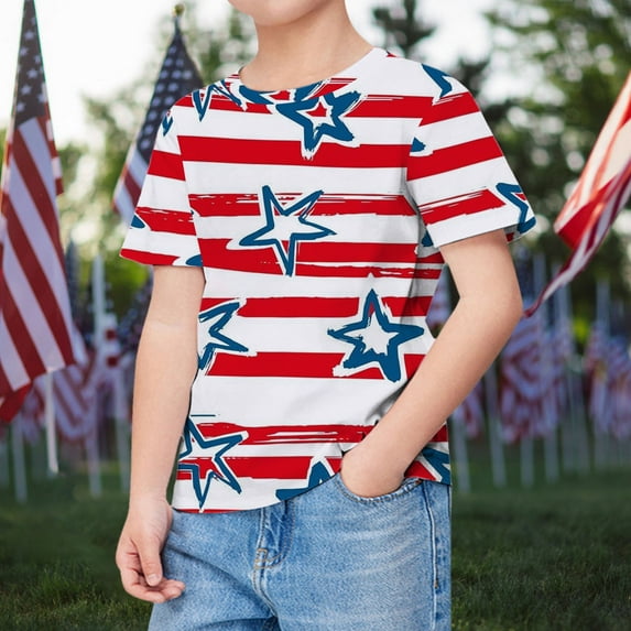TOOYOU Boys Summer T-Shirt Kids Short Sleeve Independence Day Style Cartoon Print T Shirt Loose Comfortable Tops Size 6-7 Years Red