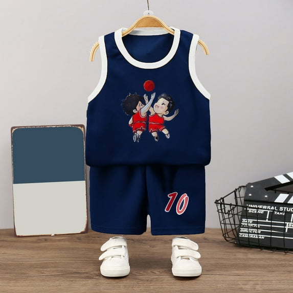 TOOYOU Boys Summer T-Shirt Kids Tank Top Shorts Set Basketball Football Running Sports Short Sleeved Shorts Sports Two-Piece Set Size 11-12 Years Dark Blue