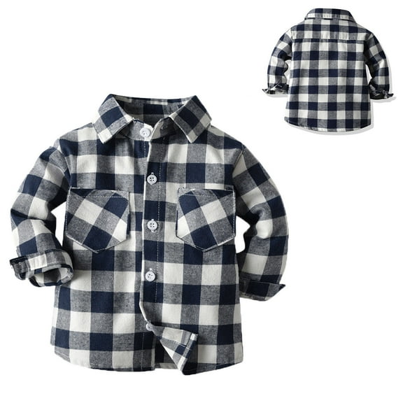 TOOYOU Boys Summer T-Shirt Kids Toddler Flannel Shirt Jacket Plaid Long Sleeve Lapel Button Down Shacket Baby Shirt Top Coat Outwear Size 18-24 Months Dark Blue