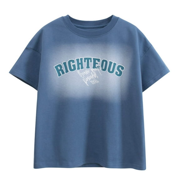 TOOYOU Boys Summer T-Shirt Large Size Printed Letter Design Loose Fitting Short Sleeved Shirt Size 6-7 Years Dark Blue