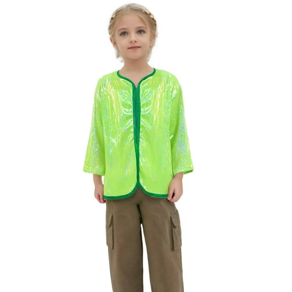 TOOYOU Boys Summer T-Shirt Shiny Sequin Jacket Long Sleeve Lightweight Jackets Coat Club Party Tops Size 3-4 Years Green