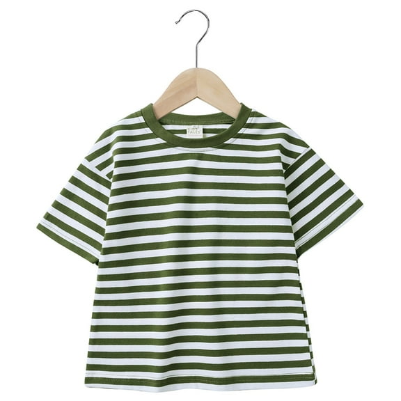 TOOYOU Boys Summer T-Shirt Striped Short Sleeve Tees Color Block Trendy Crewneck Pullover Tops Casual Blouse Size 4-5 Years Army Green