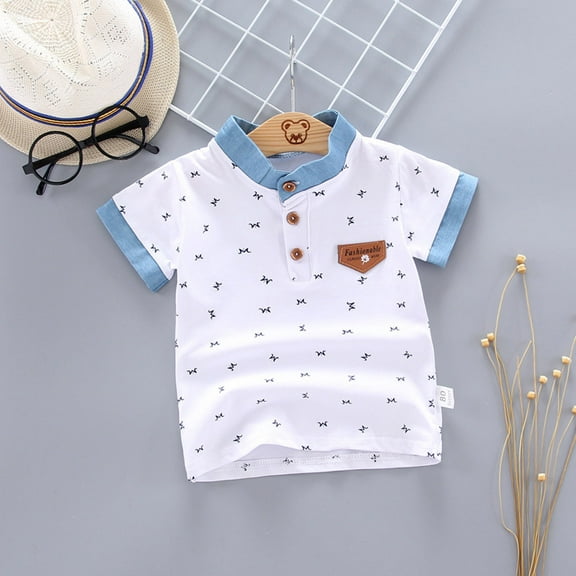 TOOYOU Boys Summer T-Shirt Toddler Kids Baby Print Letter Gentleman Button Shirt Tops Tee Clothes Size 0-1 Years White