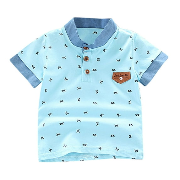 TOOYOU Boys Summer T-Shirt Toddler Kids Baby Print Letter Gentleman Button Shirt Tops Tee Clothes Size 3-4 Years Light Blue