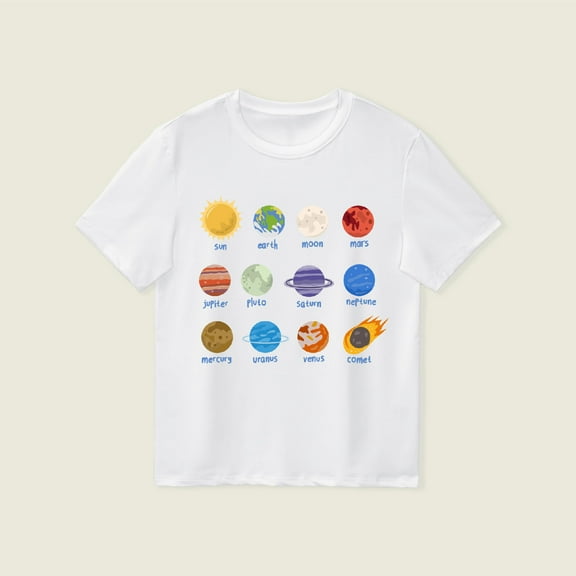 TOOYOU Boys Summer T-Shirt Toddler Kids Planet Printed Casual Crew Neck Short Sleeved Tee Tops Size 4-5 Years White