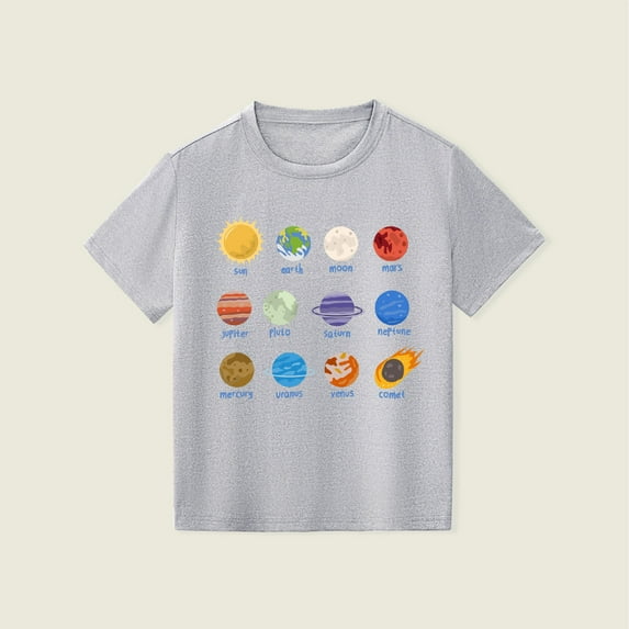 TOOYOU Boys Summer T-Shirt Toddler Kids Planet Printed Casual Crew Neck Short Sleeved Tee Tops Size 8-9 Years Grey