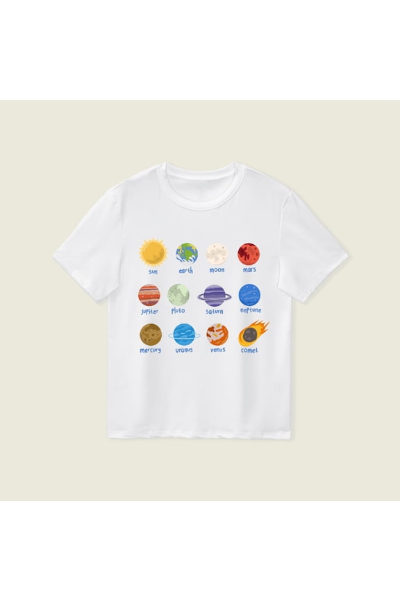 Boys Summer T-Shirt Toddler Kids Planet Printed Casual Crew Neck Short Sleeved Tee Tops Size 8-9 Years White