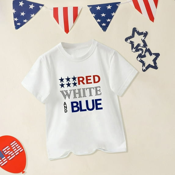 TOOYOU Boys Summer T-Shirt Toddler Red White Blue Text Print T Shirts Flag Shirt Kids Independence Day Patriotic Short Sleeve Tops Size 3-4 Years White