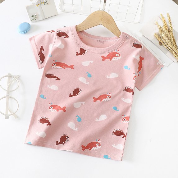 TOOYOU Boys Summer T-Shirt Toddler Shirt Short Sleeve Cartoon Car Fish Striped Prints Shirt Tops Outwear Size 6-12 Months Pink
