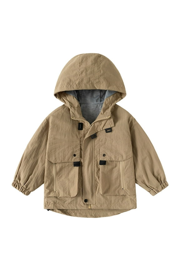 Boys Windbreaker Jacket Lightweight Hooded Zipper Coat Outdoor Casual School Jacket Casual Outerwear Size 2 Y-3 Y Khaki