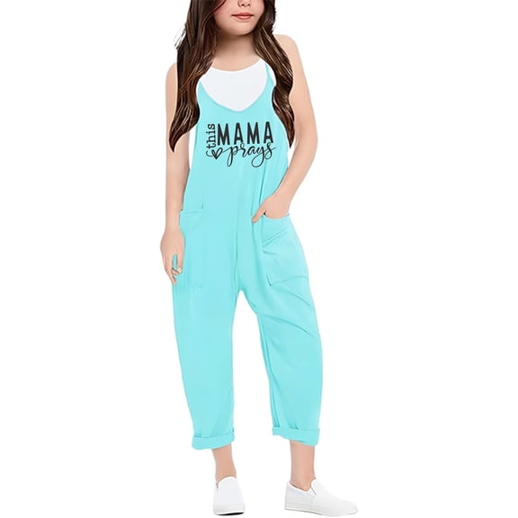 TOOYOU Girl Pants Mother'S Day Casual Printed Jumpsuit Romper Comfortable And Fashionable Trousers For Sweet Girls Size 7-8 Years Sky Blue