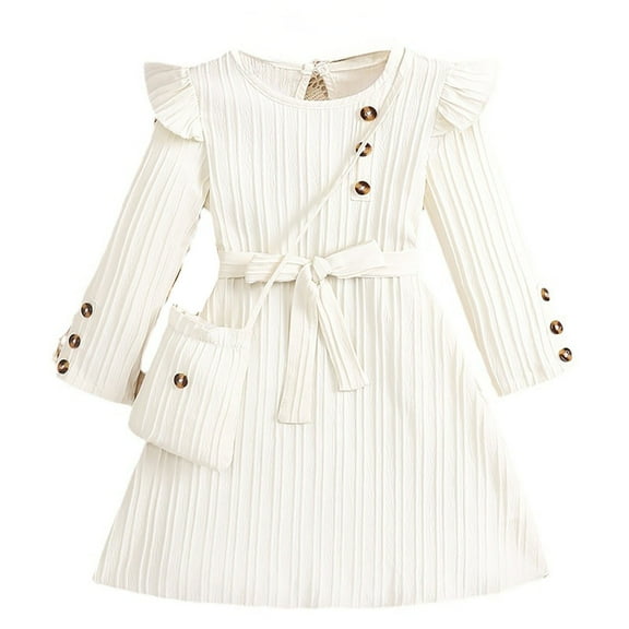 TOOYOU Girls Dress White Long Sleeve With Lace Waist Stripes Dress With Satchel Autumn Skirt Toddler Kids Warm Winter Onesie Size 9-10 Years