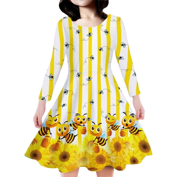 TOOYOU Girls Dresses Cute Printed Long Sleeve Dress Kids – Stylish Floral Design Sweet Girl Adorable Sundress ,Size 8-9 Years , Yellow