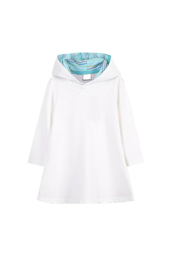 Girls Dresses Hooded Sweatshirt Dress New Solid color School Dress For Spring And Autumn Sweet Girl Casual Fashion Sundress ,Size 6-7 Years , White