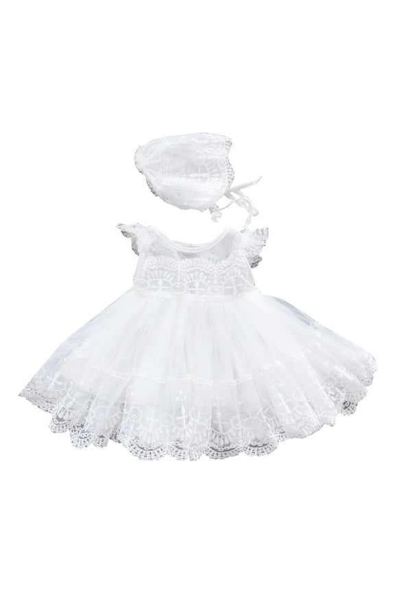 Girls Dresses Baby Baptism Dress Lace Crochet Tulle Dress O Neck Ruffled Sleeve Bubble Skirt Sweet Girl Breathable Comfort Sundress ,Size 6-12 Months , White