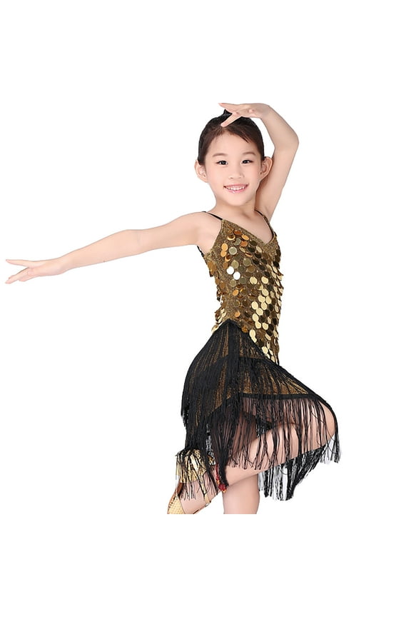 Girls Dresses Sequin Latin Dance Dress Performance Fringe Dress Stage Competition Dress Sweet Girl Elegant Sundress ,Size 5-6 Years , Yellow