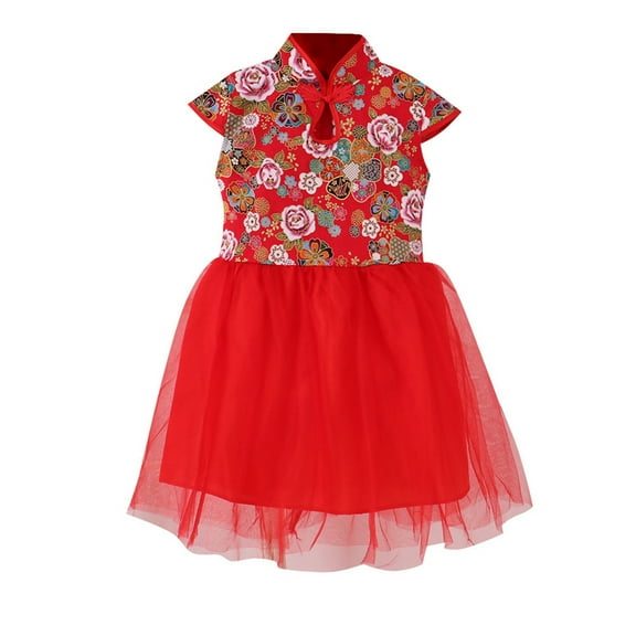 TOOYOU Girls Dresses Spring Holiday Dress Chinese Qipao Princess Dress Sweet Girl Skin Friendly Sundress ,Size 7-8 Years , Red