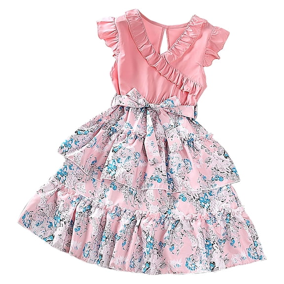 TOOYOU Girls Dresses Summer Flying Sleeve Floral Print Dress Sweet Girl Skin Friendly Sundress ,Size 8-9 Years , Red