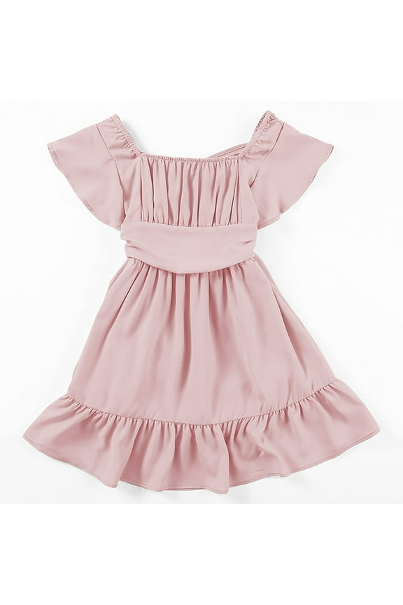 Girls Dresses Summer Tie Back Dress Tween Kids Off Shoulder Dresses Sweet Girl Skin Friendly Sundress ,Size 8-9 Years , Pink