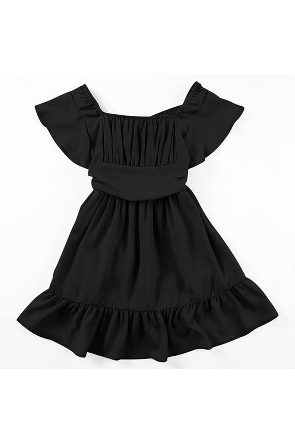 Girls Dresses Summer Tie Back Dress Tween Kids Off Shoulder Dresses Sweet Girl Theme Party Sundress ,Size 6-7 Years , Black