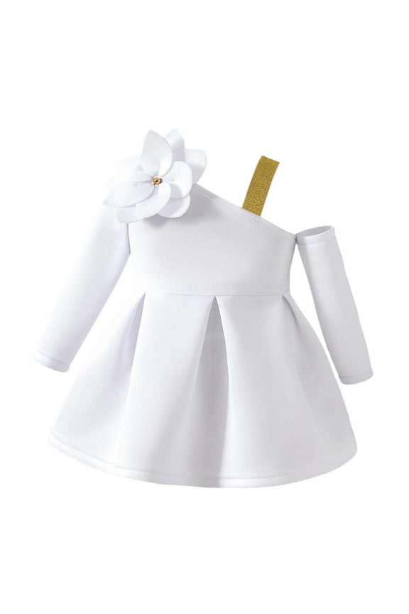 Girls Dresses Toddler Children Off Shoulder Long Sleeves Dress Solid Bowknot Lace Dresses Clothes Sweet Girl Adorable Sundress ,Size 18-24 Months , White
