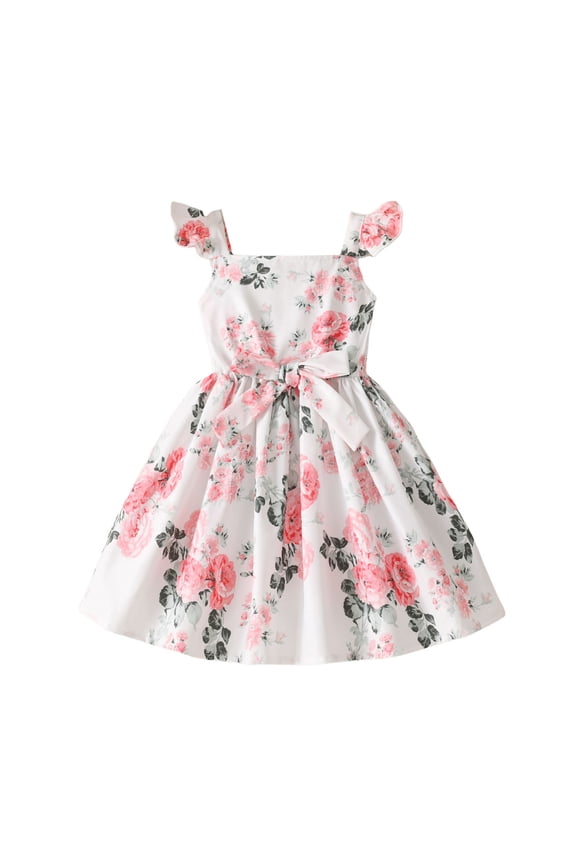 Girls Dresses Toddler Fly Sleeve Floral Suspenders Dress Dance Party Princess Dresses Clothes Sweet Girl Casual Fashion Sundress ,Size 7-8 Years , White