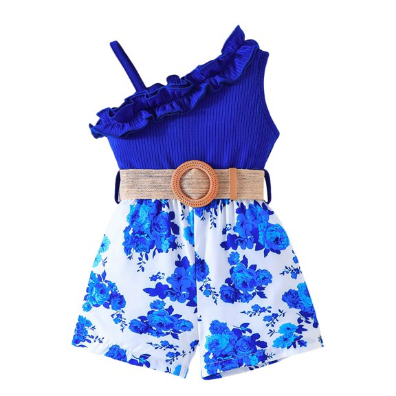 TOOYOU Girls Dresses Toddler Summer Ruffles Sleeveless Floral Prints Ribbed Dress Sweet Girl Elegant Sundress ,Size 12-18 Months , Blue