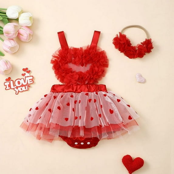 TOOYOU Girls Dresses Valentine'S Day Three Dimension Flower Pattern Tutu Skirt Dress With Headwear Two Piece Set Red Size 6-12 Months