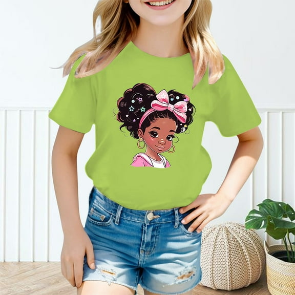 TOOYOU Girls Graphic T-Shirt Round Neck Short Sleeve Casual Tee Relaxed Fit Tops For Toddler Green Size 3-4 Years
