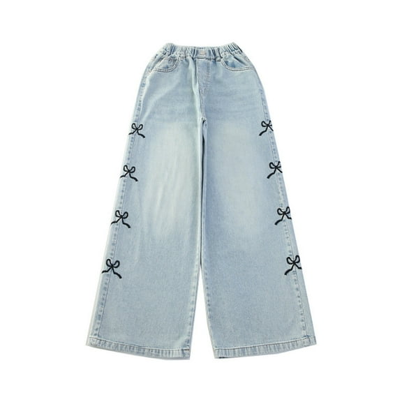 TOOYOU Girls Jeans Demin Pants Casual Spring Summer Cute Bow Straight Leg Pant Kids Baggy Vintage Slim Jean With Pocket Classics Wide-Leg Pants Size 9-10 Years Blue